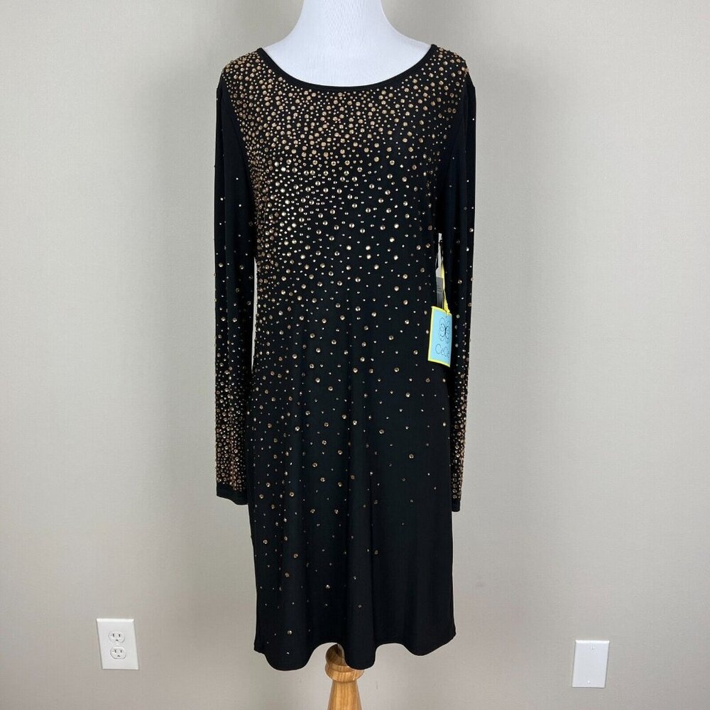 CeCe Dress Medium Black Gold Rhinestone Studded Sheath Long Sleeve Above Knee